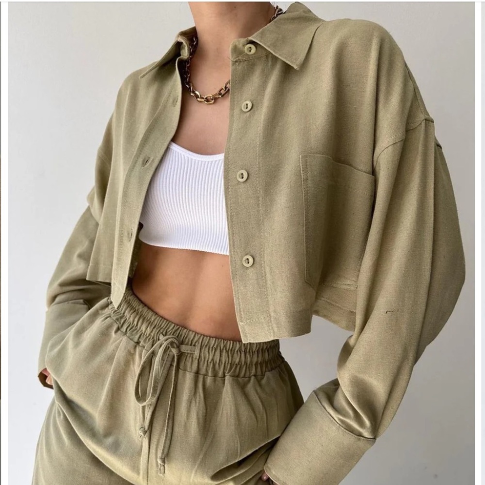 Collared Drawstring Two Piece Pants Set - Picture 2 of 3